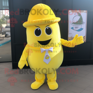 Lemon Yellow Lasagna mascot costume character dressed with a Suit Pants and Caps