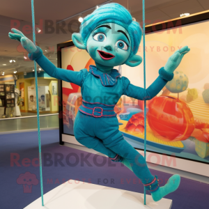 Turquoise Trapeze Artist mascot costume character dressed with a Jeggings and Headbands