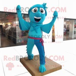 Turquoise Trapeze Artist mascot costume character dressed with a Jeggings and Headbands
