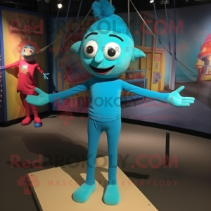 Turquoise Trapeze Artist mascot costume character dressed with a Jeggings and Headbands