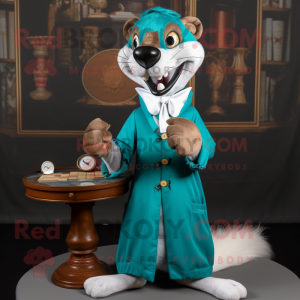 Teal Weasel mascot costume character dressed with a Blouse and Brooches