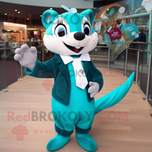 Teal Weasel mascot costume character dressed with a Blouse and Brooches