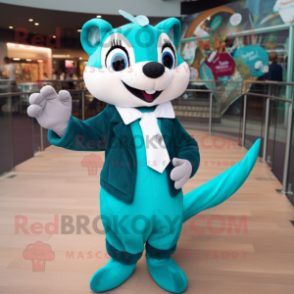 Teal Weasel mascot costume character dressed with a Blouse and Brooches