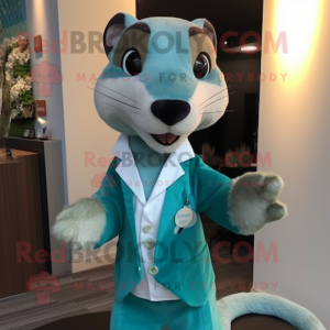 Teal Weasel mascot costume character dressed with a Blouse and Brooches