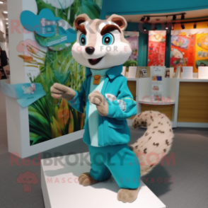 Teal Weasel mascot costume character dressed with a Blouse and Brooches