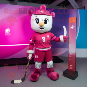 Magenta Ice Hockey Stick mascot costume character dressed with a A-Line Dress and Smartwatches