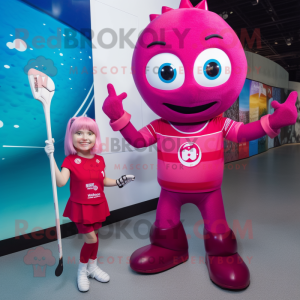 Magenta Ice Hockey Stick mascot costume character dressed with a A-Line Dress and Smartwatches