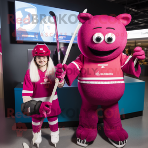 Magenta Ice Hockey Stick mascot costume character dressed with a A-Line Dress and Smartwatches