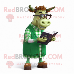 Forest Green Guernsey Cow mascot costume character dressed with a Vest and Reading glasses