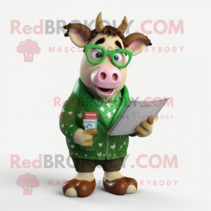 Forest Green Guernsey Cow mascot costume character dressed with a Vest and Reading glasses