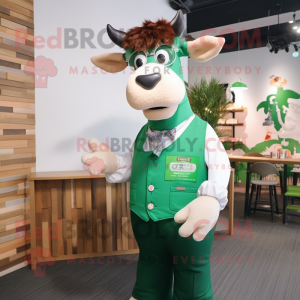 Forest Green Guernsey Cow mascot costume character dressed with a Vest and Reading glasses