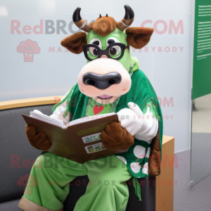 Forest Green Guernsey Cow mascot costume character dressed with a Vest and Reading glasses