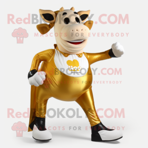 Gold Hereford Cow mascot costume character dressed with a Leggings and Shoe clips