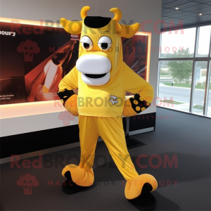 Gold Hereford Cow mascot costume character dressed with a Leggings and Shoe clips