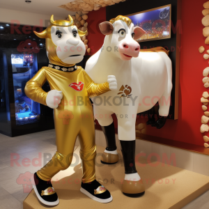 Gold Hereford Cow mascot costume character dressed with a Leggings and Shoe clips