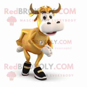 Gold Hereford Cow mascot costume character dressed with a Leggings and Shoe clips