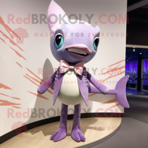 Lavender Swordfish mascot costume character dressed with a One-Piece Swimsuit and Bow ties
