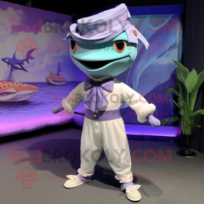 Lavender Swordfish mascot costume character dressed with a One-Piece Swimsuit and Bow ties