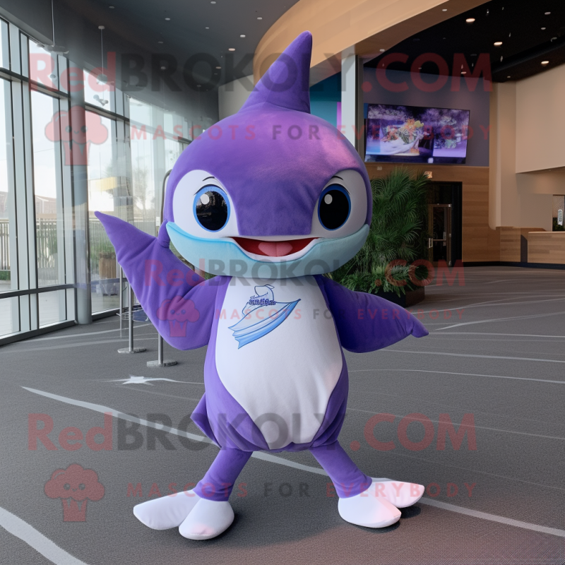 Lavender Swordfish mascot costume character dressed with a One-Piece Swimsuit and Bow ties