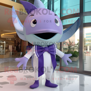 Lavender Swordfish mascot costume character dressed with a One-Piece Swimsuit and Bow ties