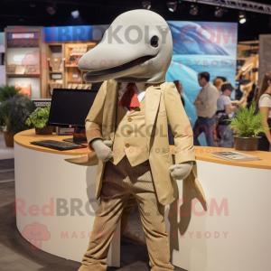 Tan Humpback Whale mascot costume character dressed with a Blazer and Earrings