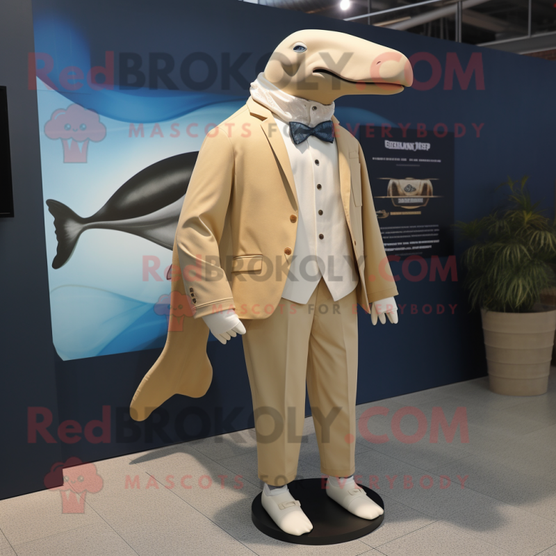 Tan Humpback Whale mascot costume character dressed with a Blazer and Earrings Tan Humpback Whale mascot costume character dressed with a Blazer and Earrings