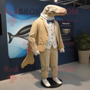 Tan Humpback Whale mascot costume character dressed with a Blazer and Earrings