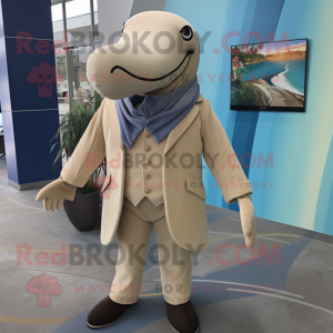 Tan Humpback Whale mascot costume character dressed with a Blazer and Earrings