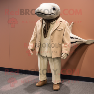 Tan Humpback Whale mascot costume character dressed with a Blazer and Earrings