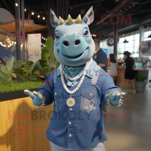 Silver Rhinoceros mascot costume character dressed with a Chambray Shirt and Necklaces