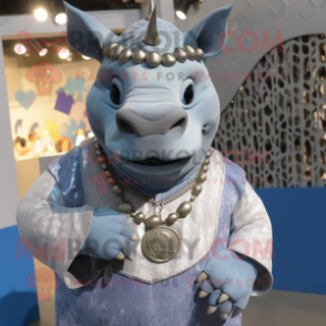 Silver Rhinoceros mascot costume character dressed with a Chambray Shirt and Necklaces