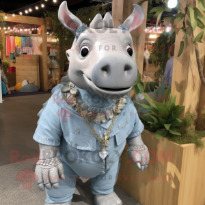 Silver Rhinoceros mascot costume character dressed with a Chambray Shirt and Necklaces