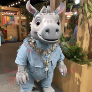 Silver Rhinoceros mascot costume character dressed with a Chambray Shirt and Necklaces