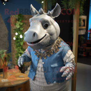 Silver Rhinoceros mascot costume character dressed with a Chambray Shirt and Necklaces