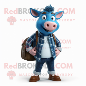 Blue Wild Boar mascot costume character dressed with a Jeans and Messenger bags