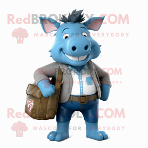 Blue Wild Boar mascot costume character dressed with a Jeans and Messenger bags