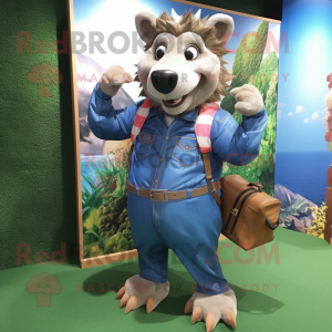 Blue Wild Boar mascot costume character dressed with a Jeans and Messenger bags