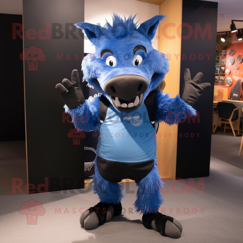 Blue Wild Boar mascot costume character dressed with a Jeans and Messenger bags Blue Wild Boar mascot costume character dressed with a Jeans and Messenger bags