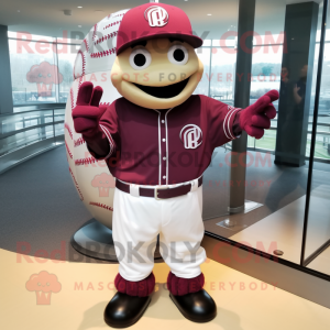 Maroon Baseball Ball mascot costume character dressed with a Jacket and Bracelets