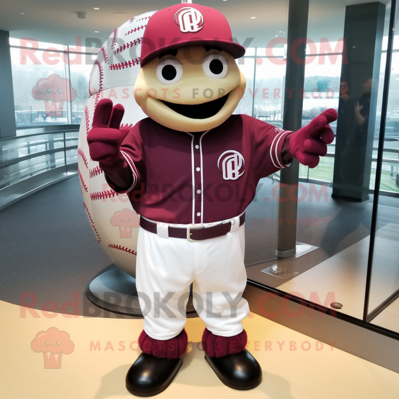 Maroon Baseball Ball mascot costume character dressed with a Jacket and Bracelets Maroon Baseball Ball mascot costume character dressed with a Jacket and Bracelets