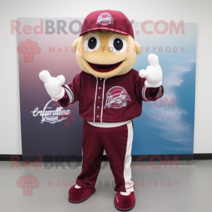 Maroon Baseball Ball mascot costume character dressed with a Jacket and Bracelets