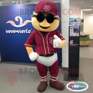 Maroon Baseball Ball mascot costume character dressed with a Jacket and Bracelets