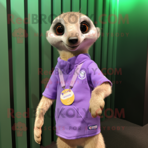 Lavender Meerkat mascot costume character dressed with a Polo Tee and Hair clips