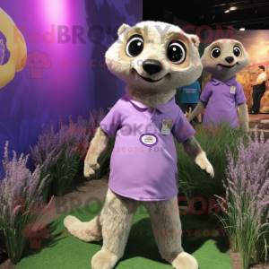 Lavender Meerkat mascot costume character dressed with a Polo Tee and Hair clips