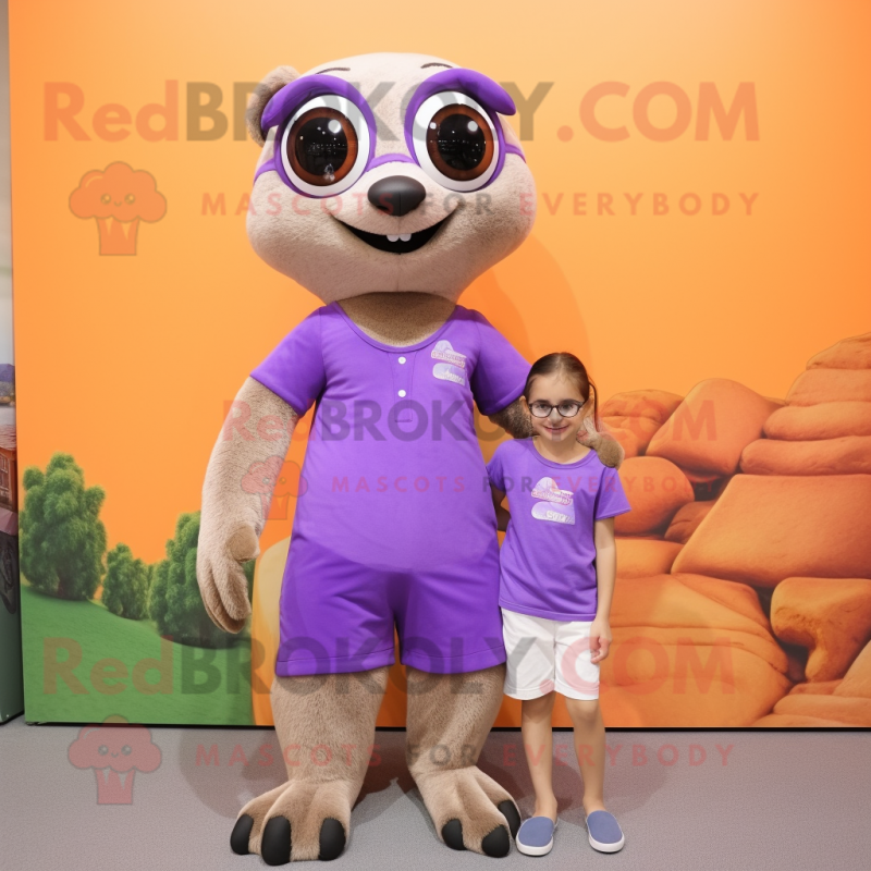 Lavender Meerkat mascot costume character dressed with a Polo Tee and Hair clips