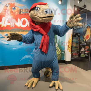 nan Komodo Dragon mascot costume character dressed with a Flare Jeans and Scarves