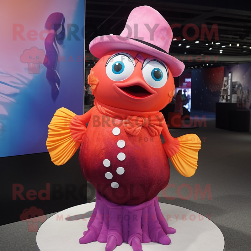 Magenta Clown Fish mascot costume character dressed with a Blouse and Hat pins Magenta Clown Fish mascot costume character dressed with a Blouse and Hat pins
