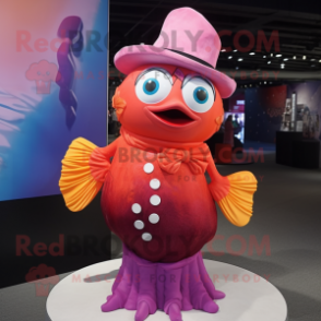 Magenta Clown Fish mascot costume character dressed with a Blouse and Hat pins