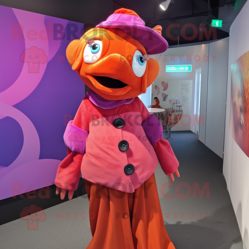 Magenta Clown Fish mascot costume character dressed with a Blouse and Hat pins