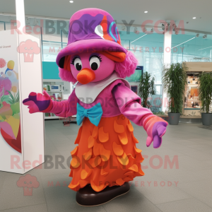 Magenta Clown Fish mascot costume character dressed with a Blouse and Hat pins